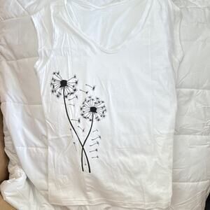Women's Sleeveless V-Neck Tank Top Dandelion Floral 100% Cotton White Size S